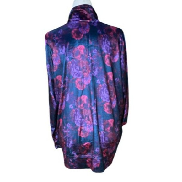 Woman Within Velour Navy Purple Floral Full zip jacket High Neck Size Medium M - Picture 3 of 11